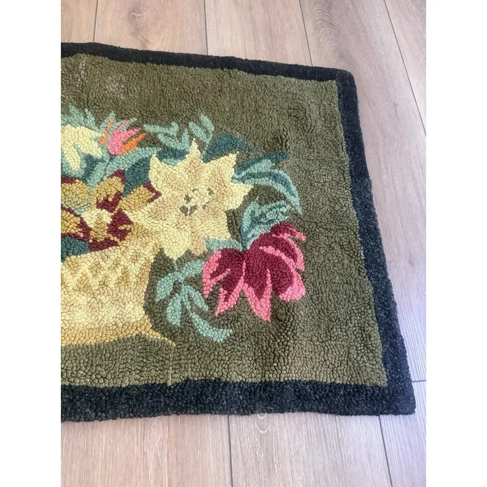 Vintage Hand Hooked Rug Floral Basket Primitive Cottagecore 21x34 Wool Accent